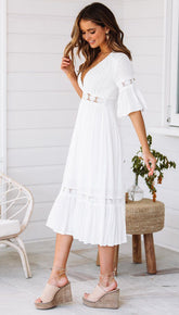 V-Neck Cotton Lace Midi Dress Ins street